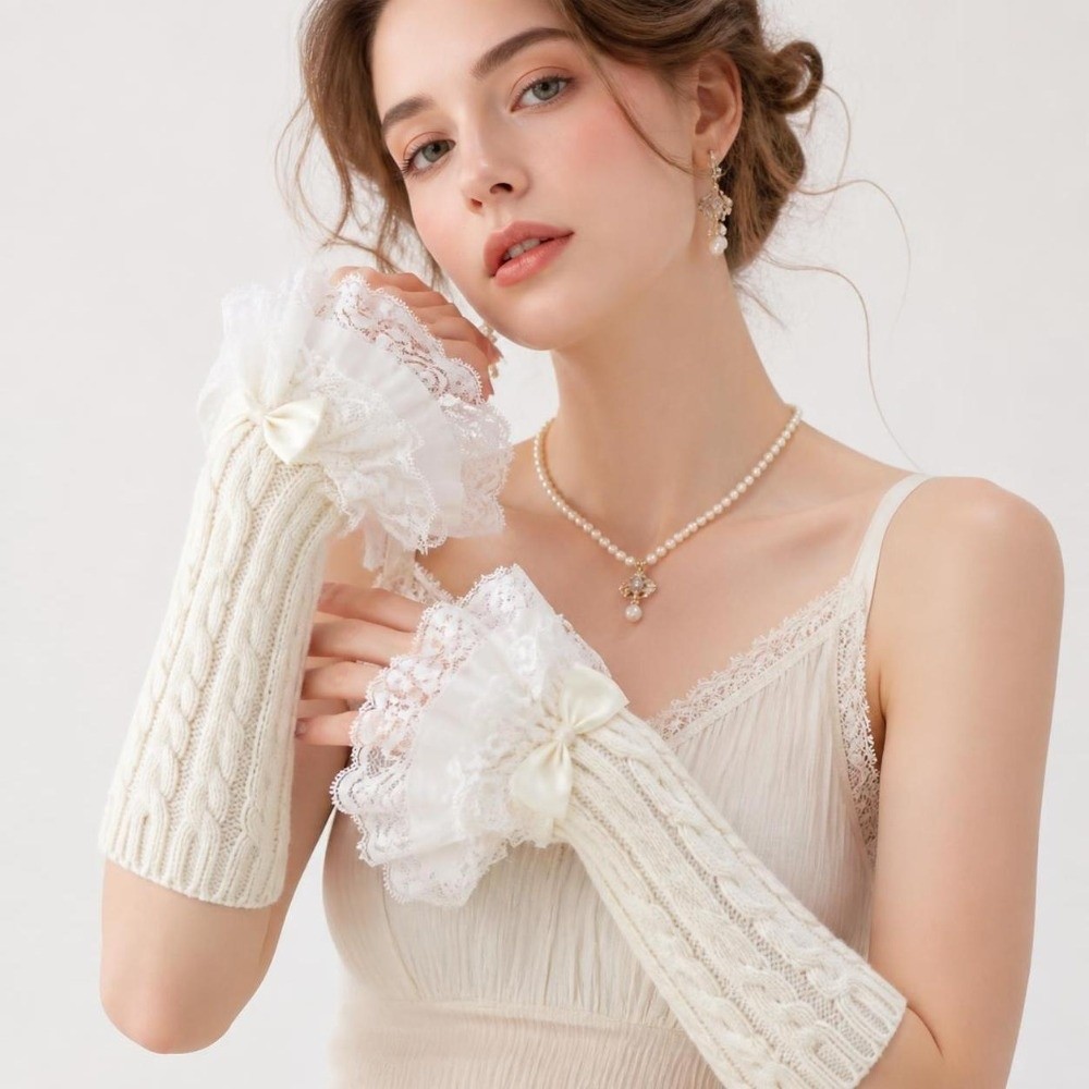 1 pair Lace Ruffle Hand Sleeve - Fingerless Glove Knit ulasan dan harga