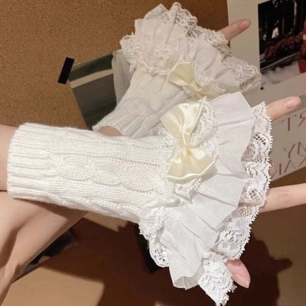 1 pair Lace Ruffle Hand Sleeve - Fingerless Glove Knit ulasan dan harga