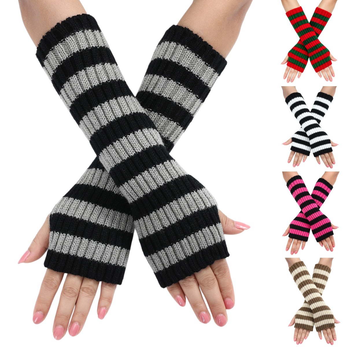 Y2K Striped Fingerless Arm War - Fingerless Glove Knit ulasan dan harga